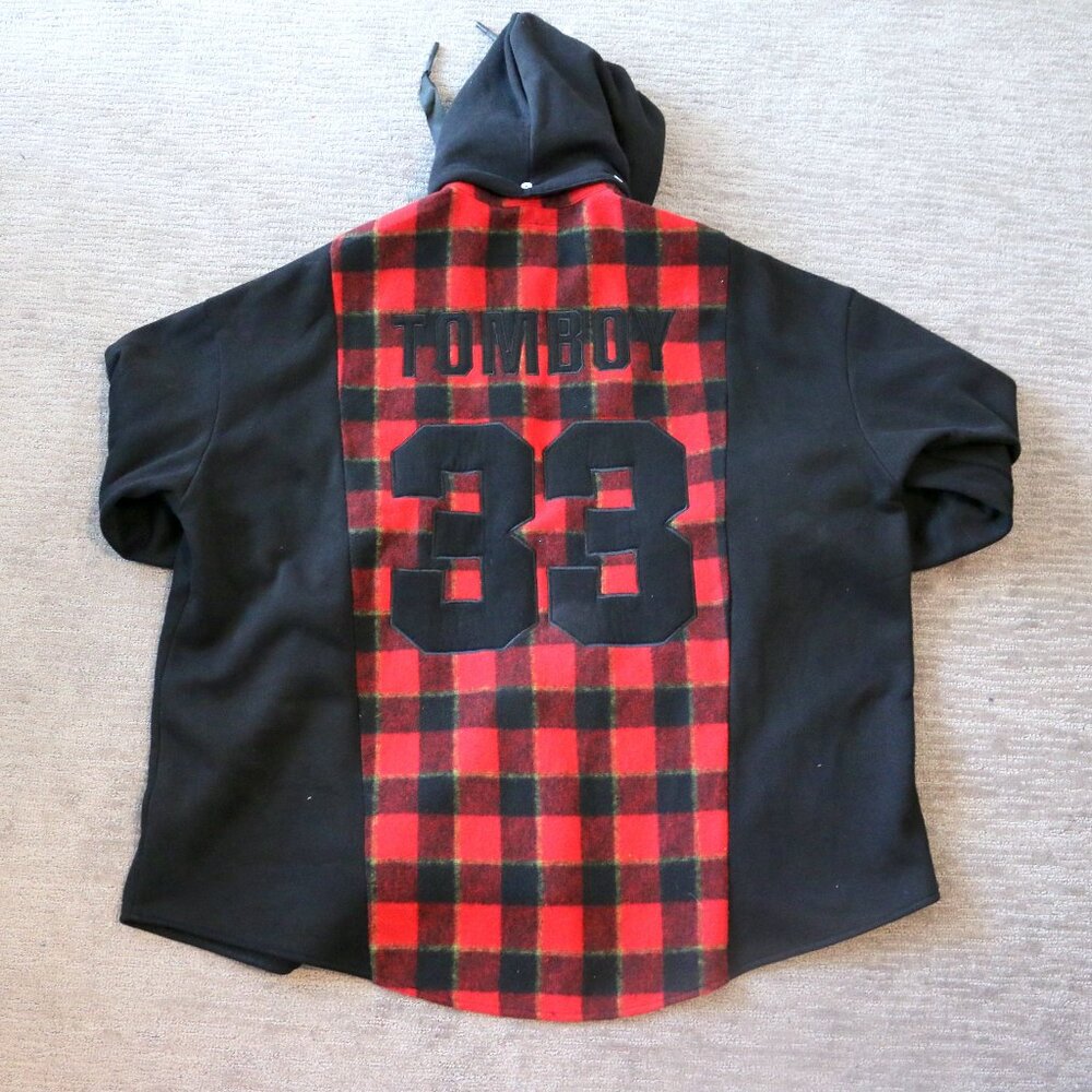 TOMBOY Flannel Jacket Detachable Hood Red/Black Plaid Unisex Fits L to XXL